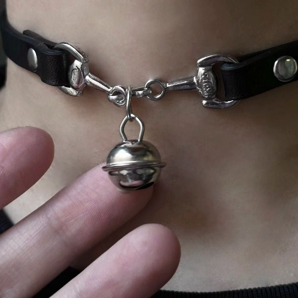 Dark Sweet Bell Choker – Unisex Leather & Titanium Chain Collar - CrimsonWhip