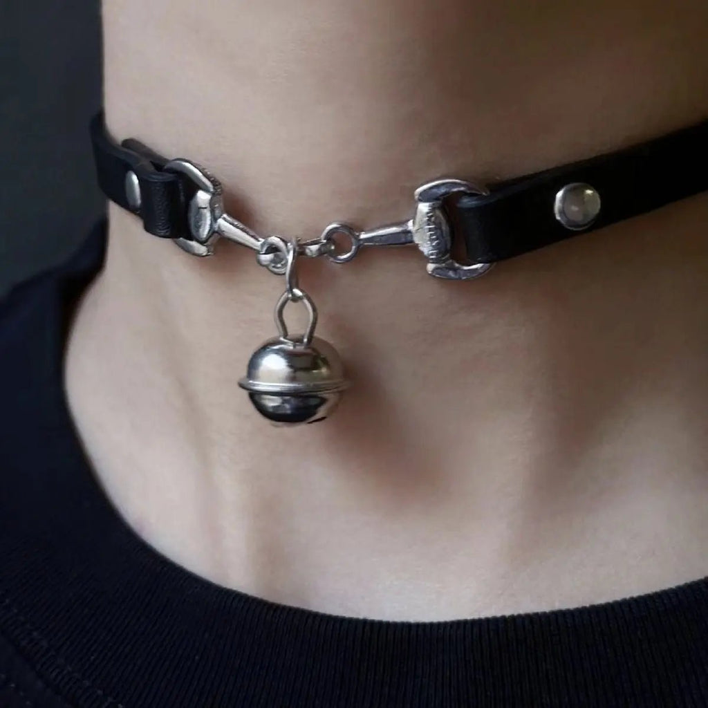 Dark Sweet Bell Choker – Unisex Leather & Titanium Chain Collar - CrimsonWhip