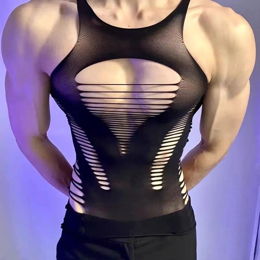 Men's Fetish Mesh Bodysuit – Ripped Hollow Shirt, Streamer Style - CrimsonWhip