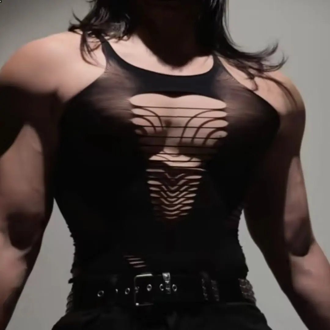 Men's Fetish Mesh Bodysuit – Ripped Hollow Shirt, Streamer Style - CrimsonWhip