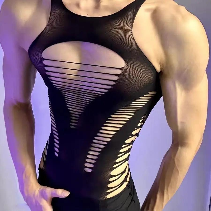 Men's Fetish Mesh Bodysuit – Ripped Hollow Shirt, Streamer Style - CrimsonWhip
