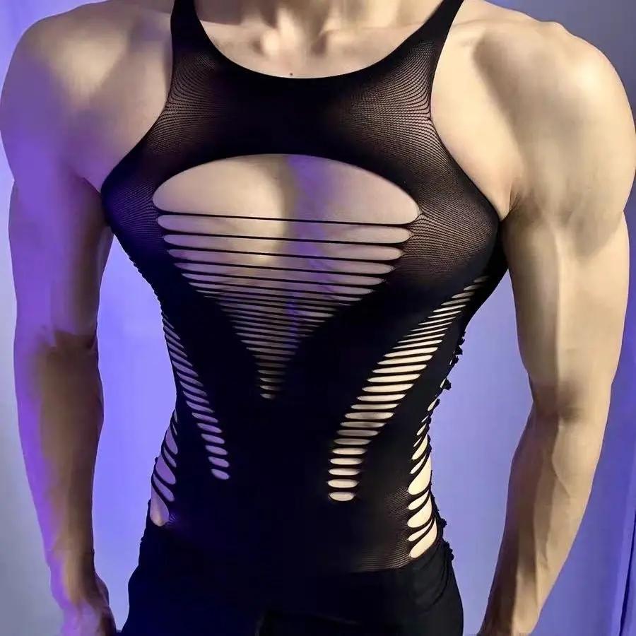 Men's Fetish Mesh Bodysuit – Ripped Hollow Shirt, Streamer Style - CrimsonWhip