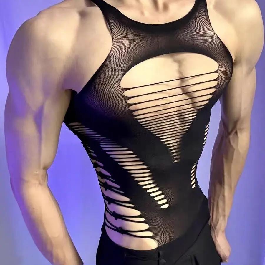 Men's Fetish Mesh Bodysuit – Ripped Hollow Shirt, Streamer Style - CrimsonWhip