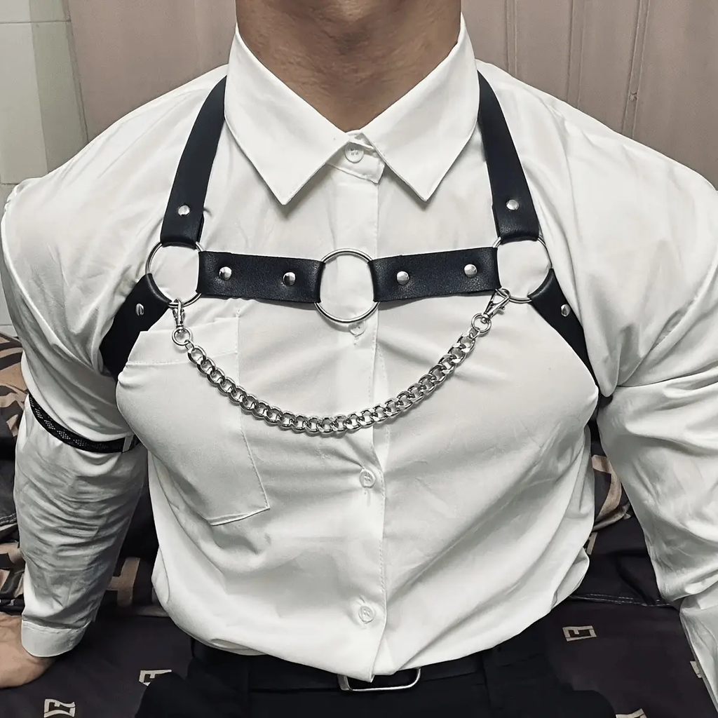 Men’s Punk Leather Chest Harness Body Chain – Adjustable Shoulder & Waist Belt - CrimsonWhip