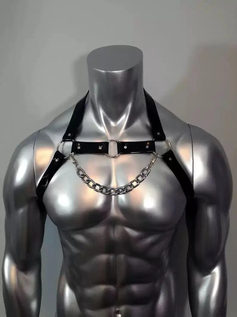 Men’s Punk Leather Chest Harness Body Chain – Adjustable Shoulder & Waist Belt - CrimsonWhip