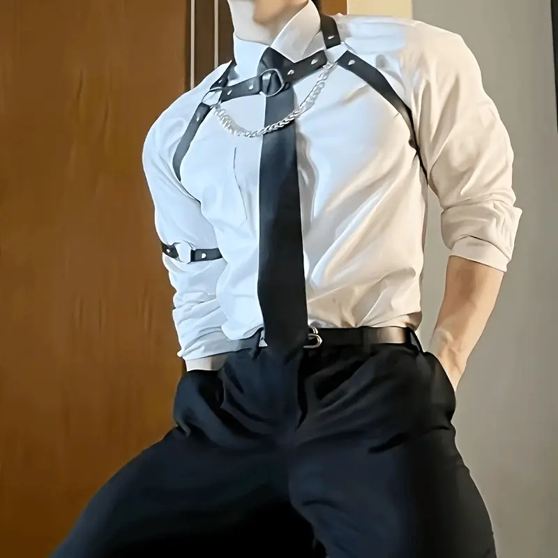 Men’s Punk Leather Chest Harness Body Chain – Adjustable Shoulder & Waist Belt - CrimsonWhip