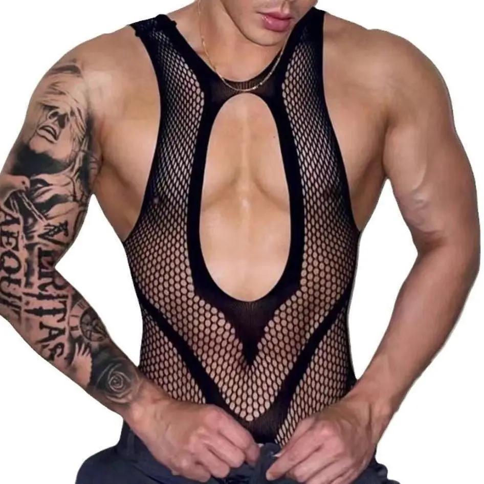 Sexy Lace Bodystocking – One - Piece Stretchy Hollow Pantyhose for Men - CrimsonWhip