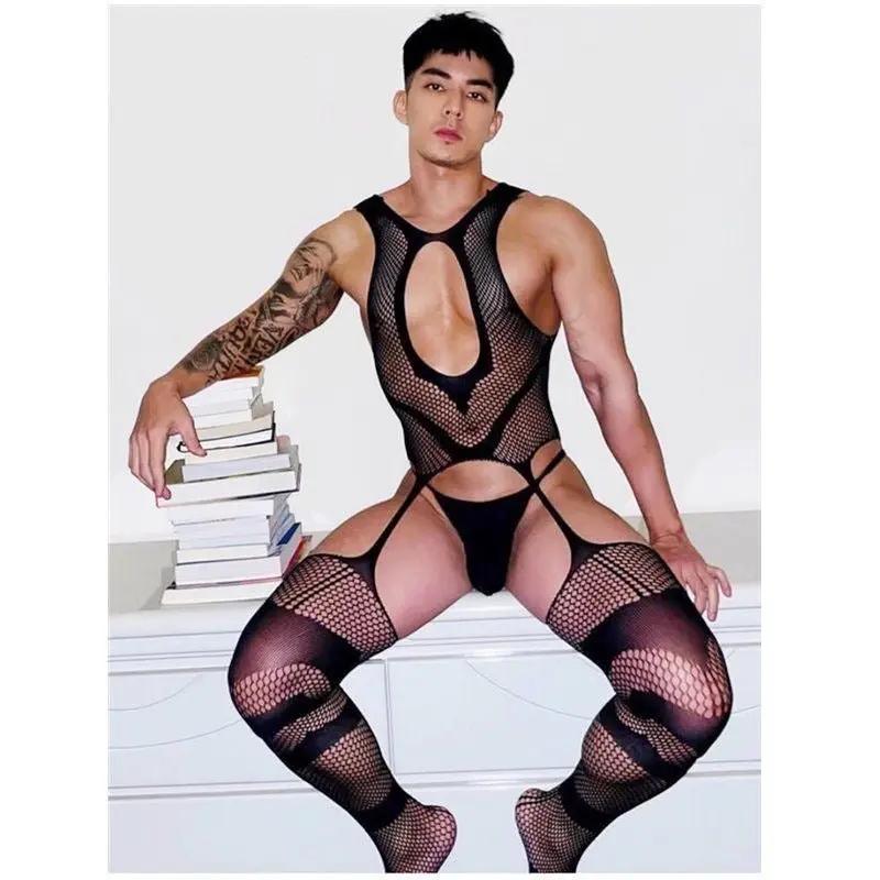Sexy Lace Bodystocking – One - Piece Stretchy Hollow Pantyhose for Men - CrimsonWhip